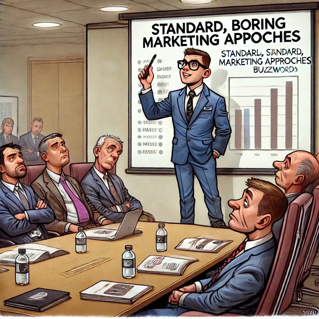Bored executives in a stale pitch meeting